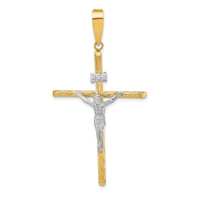 DIAMOND2DEAL 14K YELLOW GOLD WHITE RHOD POLISHED TEXTURED INRI CRUCIFIX CROSS PENDANT