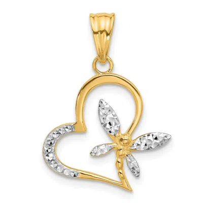 DIAMOND2DEAL 14K YELLOW GOLD WHITE RHODIUM DIAMOND-CUT DRAGONFLY ON HEART PENDANT