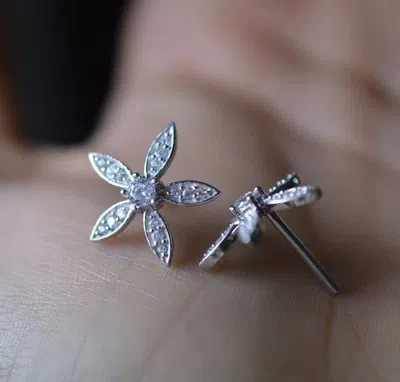 DIAMONDSETC FLOWER SHAPE 14K WHITE GOLD FINISH 925 STERLING SILVER CLUSTER BEAUTY EARRINGS