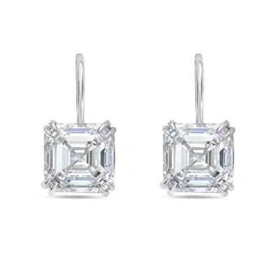 DIANA M. 14KT 8CTS LAB GROWN ASSCHER DIAMOND DROP EARRING, 4 PRONG SETTING, DEF COLOR, VS CLARITY, EXCELLENT 