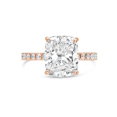 DIANA M. 18KT ROSE GOLD LAB GROWN CUSHION CUT WITH ROUND ON SIDES ENGAGEMENT RING FEATURING 5 CT CENTER AND 0