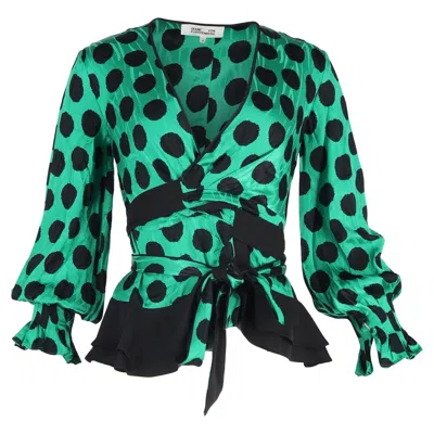 DIANE VON FURSTENBERG CREPE-PANELED POLKA-DOT SATIN WRAP TOP IN GREEN RAYON