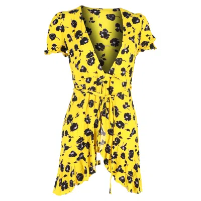 DIANE VON FURSTENBERG DIANE VON FURSTENBERG FLORAL PRINT MINI WRAP DRESS IN YELLOW VISCOSE
