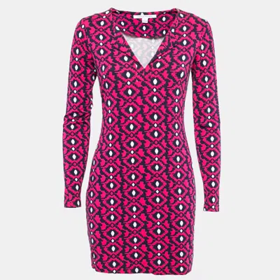 DIANE VON FURSTENBERG PINK/NAVY BLUE PRINTED KNIT FULL SLEEVE MINI DRESS S
