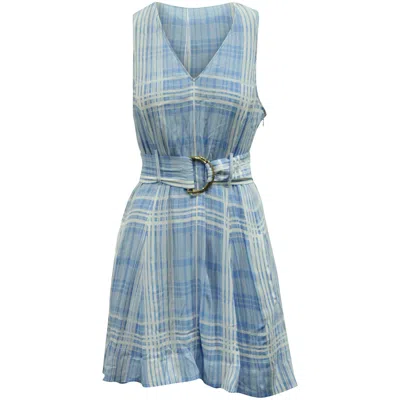 DIANE VON FURSTENBERG DIANE VON FURSTENBERG PLAID BELTED SLEEVELESS DRESS IN LIGHT BLUE VISCOSE