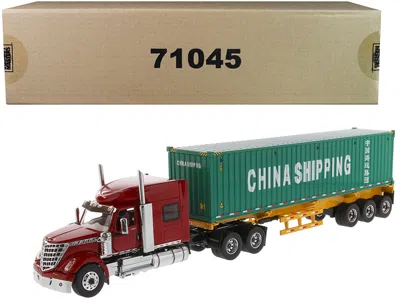 DIECAST MASTERS INTERNATIONAL LONESTAR SLEEPER CAB RED WITH SKELETON TRAILER AND 40' DRY GOODS SEA CONTAINER "CHINA 
