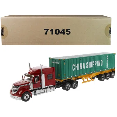 DIECAST MASTERS INTERNATIONAL LONESTAR SLEEPER CAB RED WITH SKELETON TRAILER & 40 FT. DRY GOODS SEA CONTAINERGREEN T