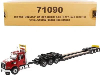 DIECAST MASTERS WESTERN STAR 49X SBFA TRIDEM AXLE HEAVY-HAUL TRACTOR WITH XL 120 LOW-PROFILE HDG TRAILER RED AND BLA