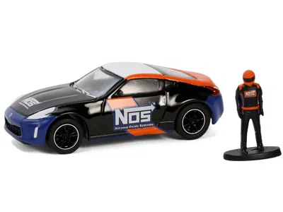 DIECAST MODEL GREENLIGHT 2020 NISSAN 370Z "NOS NITROUS OXIDE SYSTEMS" BLACK WITH GRAPHICS AND RACE CAR DRIVER "THE HOBBY SHOP