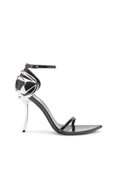 DIESEL D-TEN & HALF-STILETTO SANDALS IN PATENT LEATHER AND SATIN