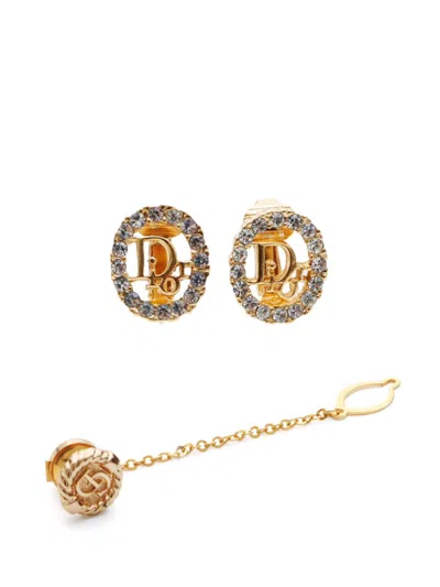 DIOR 1990S-2000S LOGO RHINESTONE EARRINGS AND PIN SET