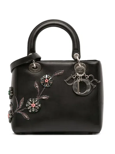 DIOR 2014 MEDIUM BEADED FLORAL EMBELLISHED LAMBSKIN LADY DIOR SATCHEL