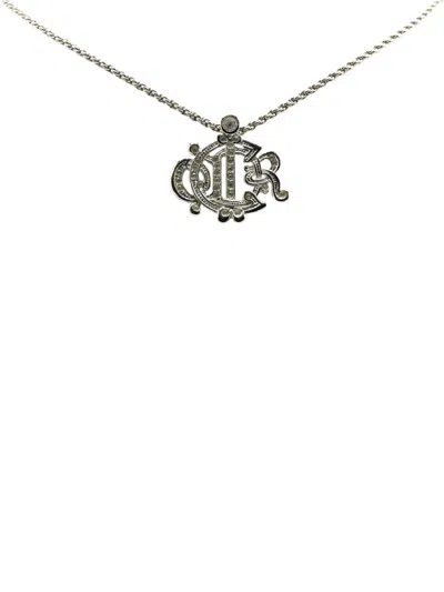 DIOR 20TH CENTURY SILVER PLATED LOGO MONOGRAM INSIGNIA CRYSTALS PENDANT NECKLACE COSTUME NECKLACE