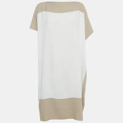 DIOR BEIGE & WHITE COLORBLOCK CREPE OVERSIZED MIDI DRESS M