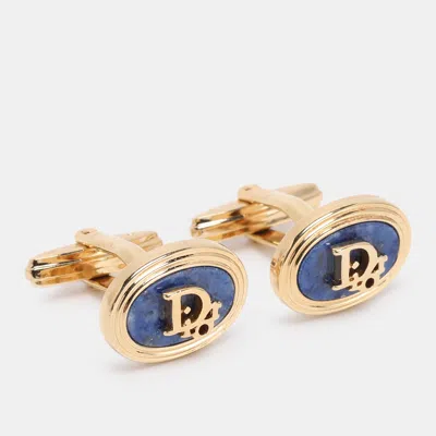 DIOR BLUE GOLD TONE METAL AND LAPIS LAZULI TOGGLE CUFFLINKS