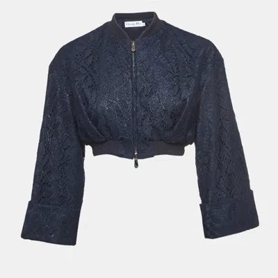 DIOR CHRISTIAN DIOR NAVY BLUE FLORAL LACE CROPPED JACKET M