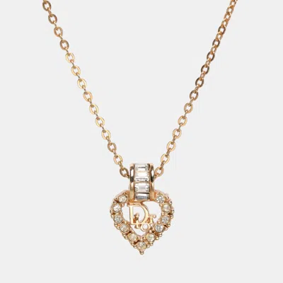 DIOR GOLD TONE RHINESTONE LOGO HEART PENDANT NECKLACE