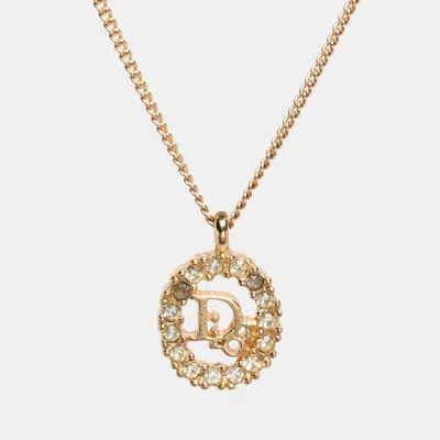 DIOR GOLD TONE RHINESTONE LOGO PENDANT NECKLACE