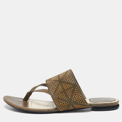 DIOR GREEN LEATHER AND SUEDE EMBELLISHED FLAT SANDALS SIZE 39