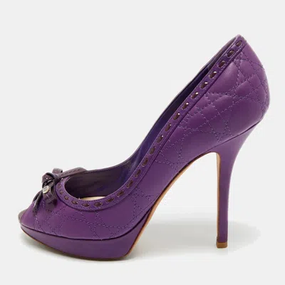 DIOR PURPLE CANNAGE LEATHER AND PATENT BOW PEEP TOE PLATFORM PUMPS SIZE 38