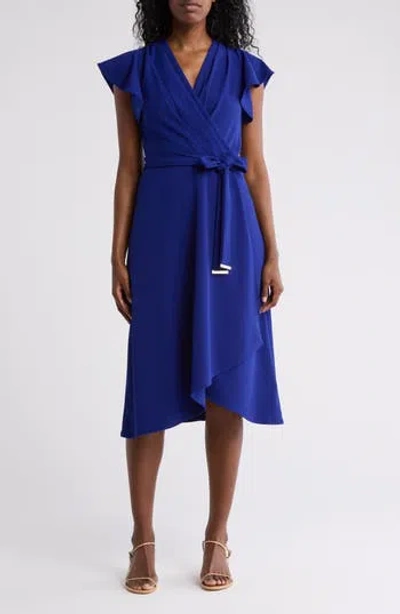 DKNY DKNY FLUTTER SLEEVE FAUX WRAP MIDI DRESS