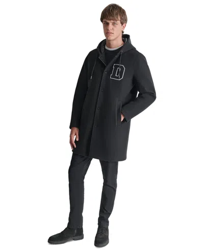 DKNY MEN'S TUFTED-CHENILLE LOGO APPLIQUE LONG HOODED STADIUM COAT