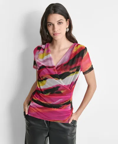 DKNY WOMEN'S PRINTED-MESH V-NECK TOP