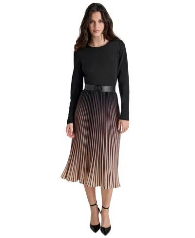 DKNY OMBRE SUNBURST PLEAT-SKIRT LONG-SLEEVE MIDI DRESS