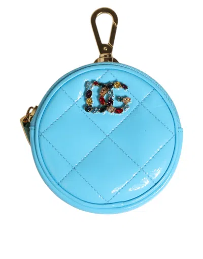 DOLCE & GABBANA AZURE BLUE LEATHER ROUND COIN PURSE KEYCHAIN CRYSTAL LOGO WALLET