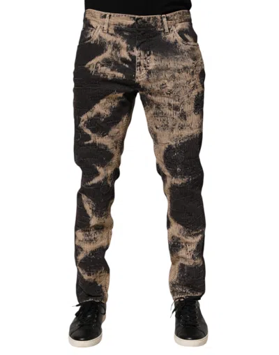 DOLCE & GABBANA BEIGE BLACK CORDUROY TIE-DYE COTTON BLEND PANTS