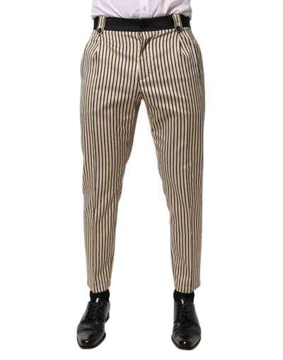 DOLCE & GABBANA BEIGE BLACK STRIPED COTTON SLIM FIT TROUSERS PANTS