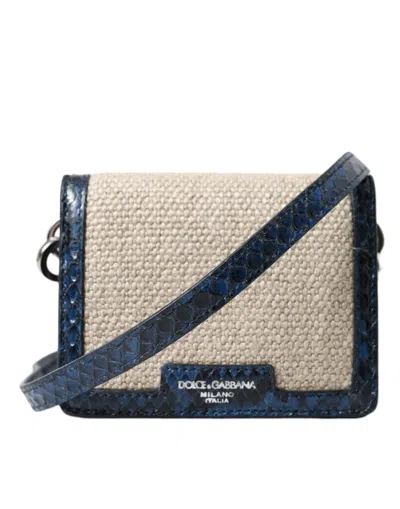 DOLCE & GABBANA BEIGE RAFFIA BLUE LEATHER TRIM MINI SHOULDER PURSE CROSSBODY BAG