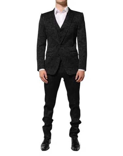DOLCE & GABBANA BLACK 3 PIECE BROCADE JACQUARD SUIT MARTINI