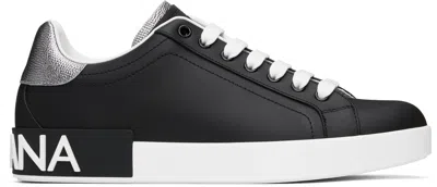 DOLCE & GABBANA BLACK & SILVER CALFSKIN NAPPA PORTOFINO SNEAKERS