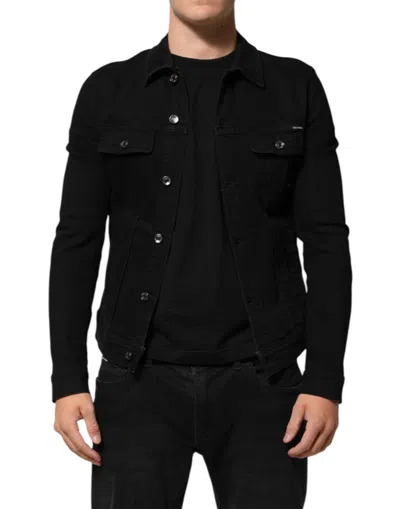 DOLCE & GABBANA BLACK COTTON DENIM STRETCH BUTTON UP JACKET