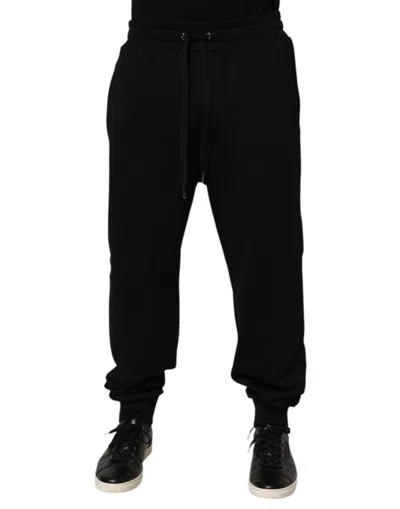 DOLCE & GABBANA BLACK COTTON DRAWSTRING LOGO SWEATPANTS PANTS