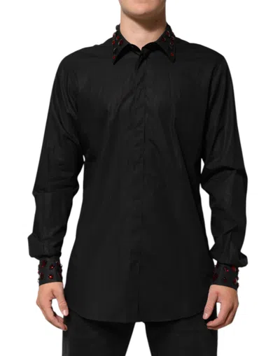 DOLCE & GABBANA BLACK COTTON EMBELLISHED COLLAR MEN’S SHIRT