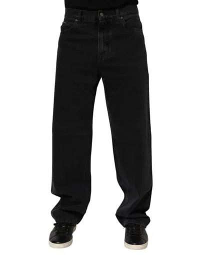 DOLCE & GABBANA BLACK COTTON LOGO MEN MID WAIST DENIM JEANS