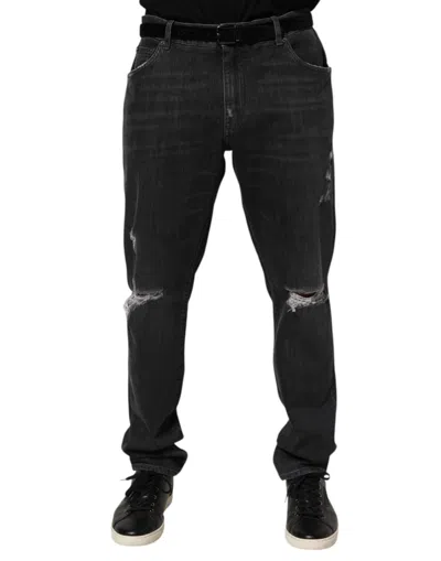 DOLCE & GABBANA BLACK COTTON SLIM FIT DISTRESSED RIPPED LOGO JEANS