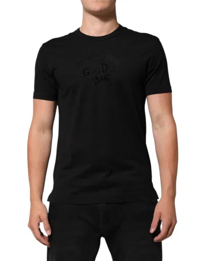 DOLCE & GABBANA BLACK COTTON VELVET LOGO PRINT MEN T-SHIRT