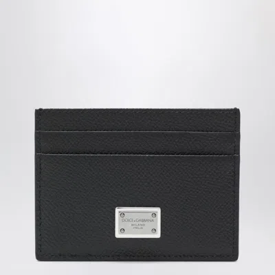 DOLCE & GABBANA BLACK DAUPHINE LEATHER CARD HOLDER WITH LOGO PLAQUE
