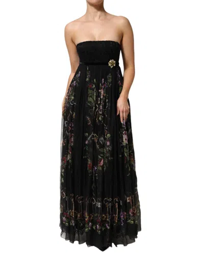DOLCE & GABBANA BLACK FLORAL KEY PRINT CRYSTAL STRAPLESS DRESS