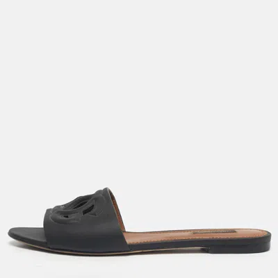 DOLCE & GABBANA BLACK LEATHER DG CUT OUT FLAT SLIDE SIZE 39.5