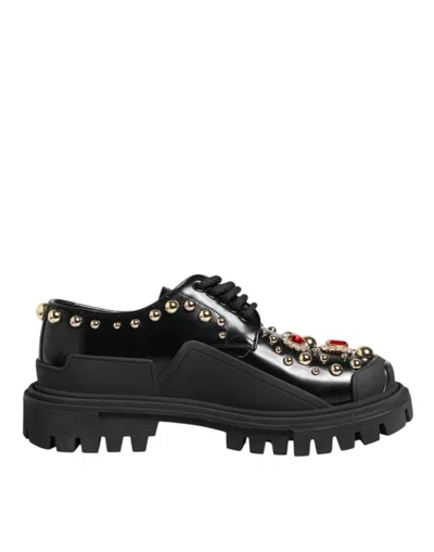 DOLCE & GABBANA BLACK LEATHER JEWELED CRYSTALS DERBY SHOES