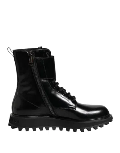 DOLCE & GABBANA BLACK LEATHER LACE UP MID CALF BOOTS SHOES