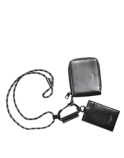 DOLCE & GABBANA BLACK LEATHER LANYARD ZIP AROUND CARD HOLDER WALLET