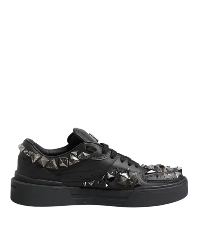 DOLCE & GABBANA BLACK LEATHER STUDDED LOW TOP SNEAKERS SHOES