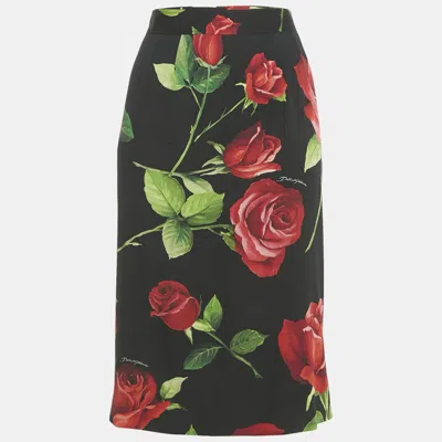 DOLCE & GABBANA BLACK ROSE PRINTED SILK PENCIL SKIRT L