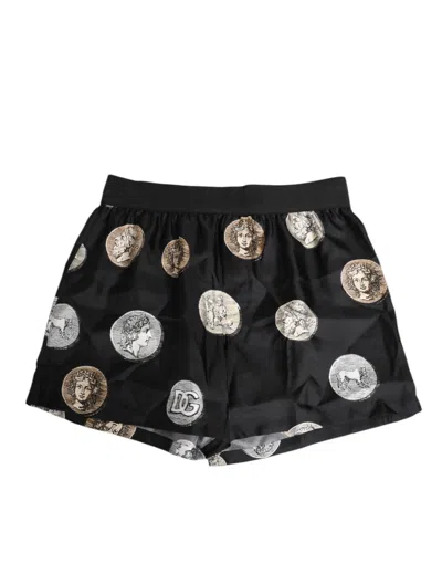 DOLCE & GABBANA BLACK SILK ANCIENT COIN PRINT BOXER SHORT SWIMWEAR
