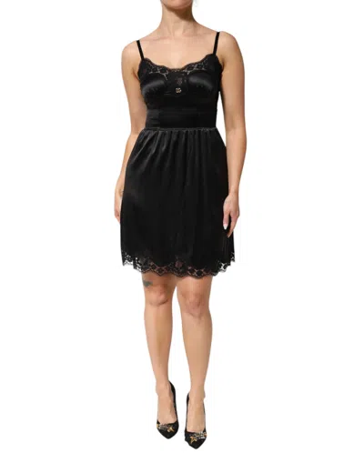 DOLCE & GABBANA BLACK SILK BLEND LACE TRIM SLEEVELESS MINI DRESS
